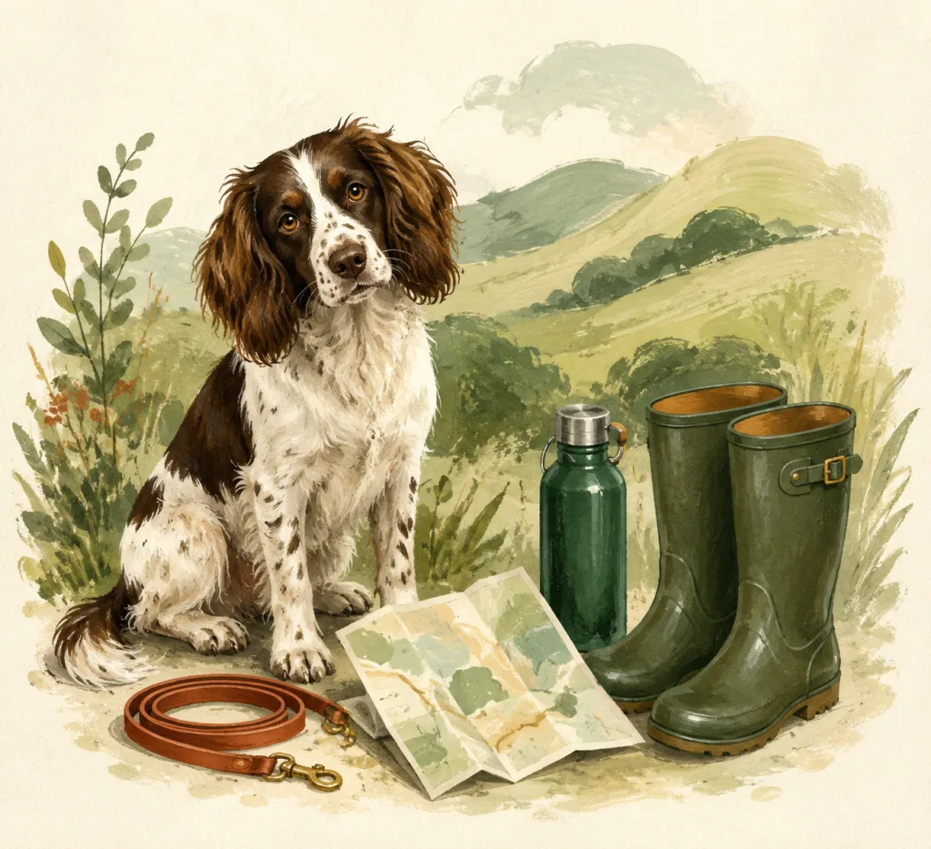 Illustration of a dog beside walking boots, a water bottle, lead and folded map